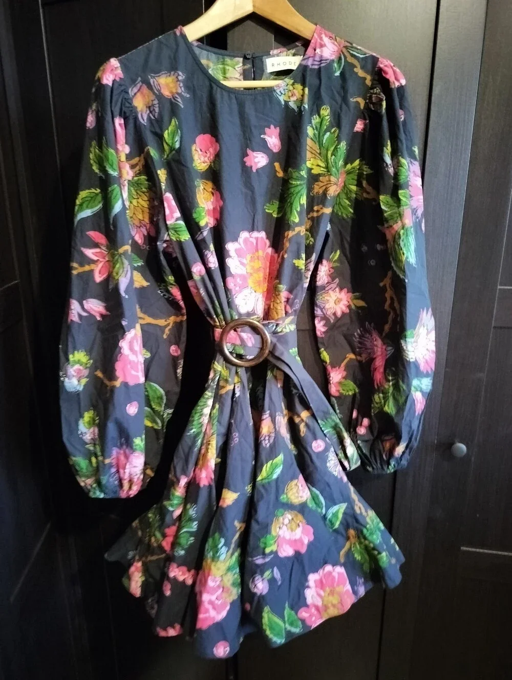 NEW Rhode Floral Print Black Puff-Sleeve Fit & Flare Dress 100% Cotton - Large - Picture 5 of 11